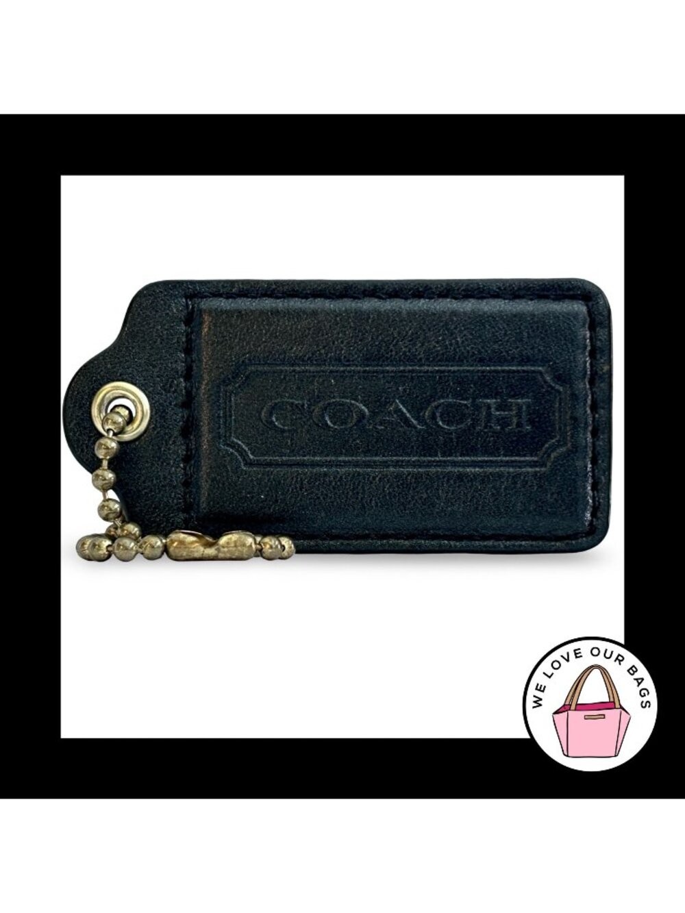 XL COACH HANGTAG 3" Black Leather Bag Charm Keychain Fob Antique Brass X-Large